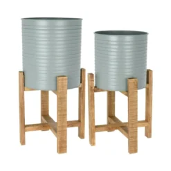 Koopman Olive Green Steel Planter With Wooden Stand